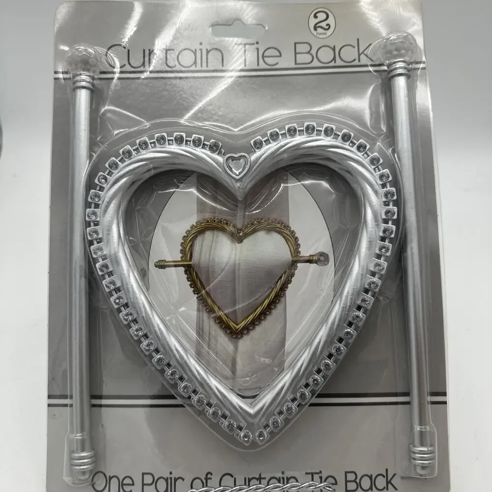 2 Silver Vintage Rhinestone Heart Curtain Tie Backs Drapes NEW